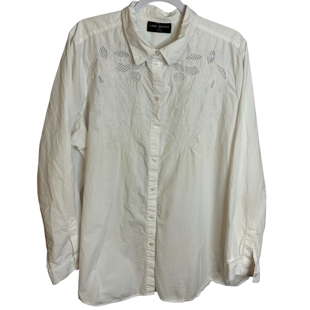 Lane Bryant Women's 18/20 White Button Up Shirt Embroidered Flowers 100% Cotton
